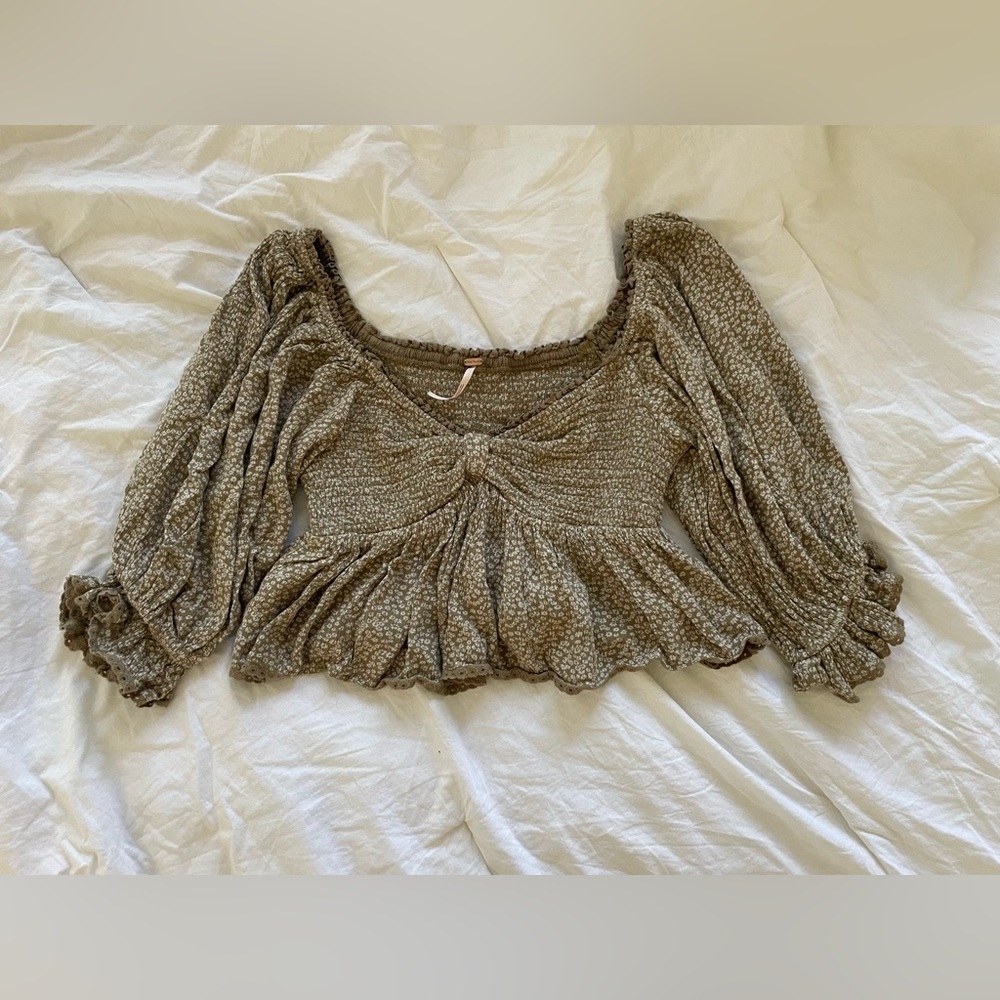 Free People Olive Green Floral Smocked Peplum Blouse